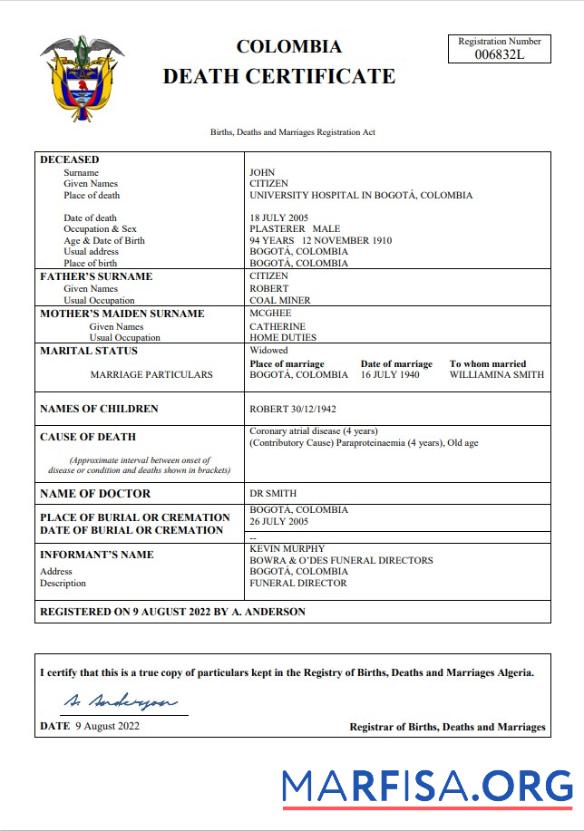 Blank Colombia death certificate Word and PDF template